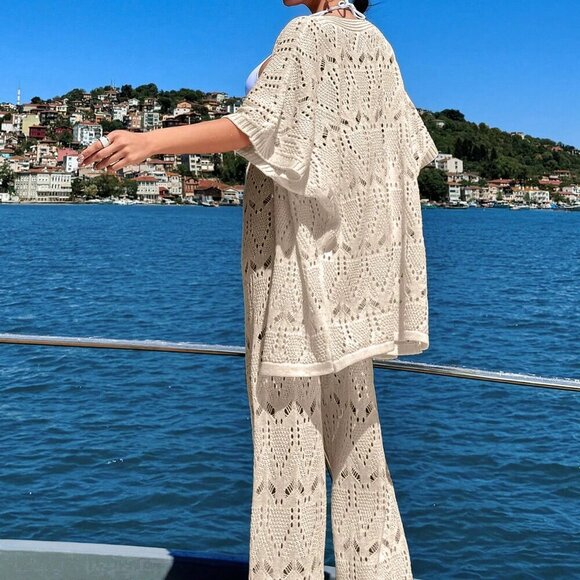 Beige Women's Crochet Knit Cover Up Jacket And Pants Cover-Up Set - Picture 2 of 7
